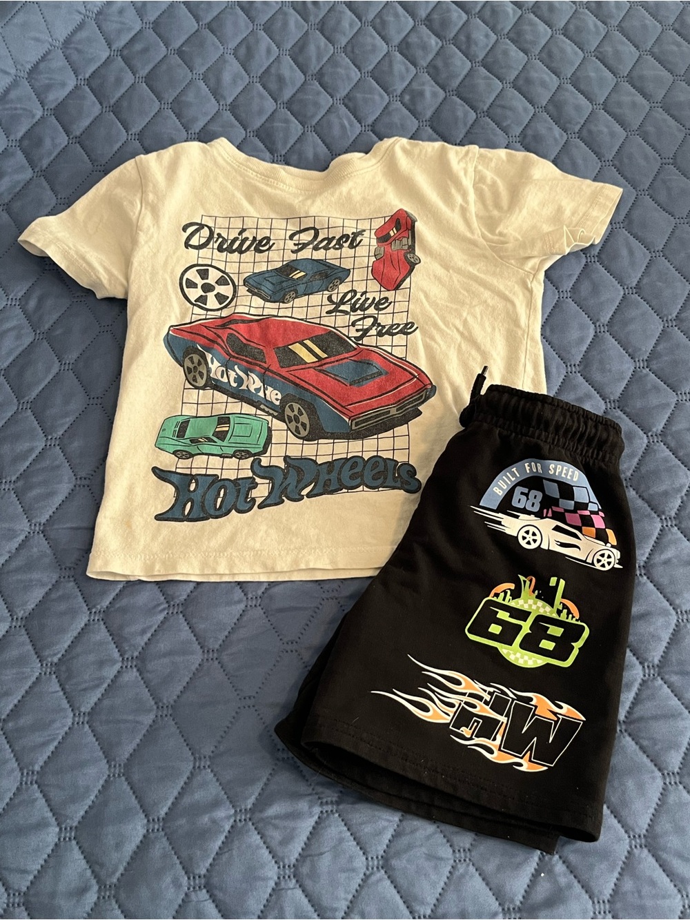 Hot Wheels Kids Matching Set - White Tee & Black Shorts with Car Graphics